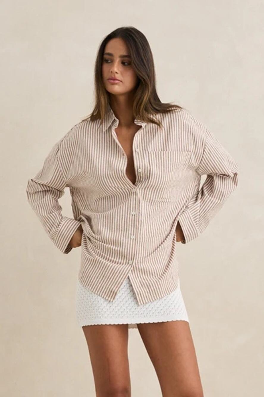 NEW Rhythm Valley Stripe Oversized Shirt Beige Tan Long Sleeve Pocket Size M